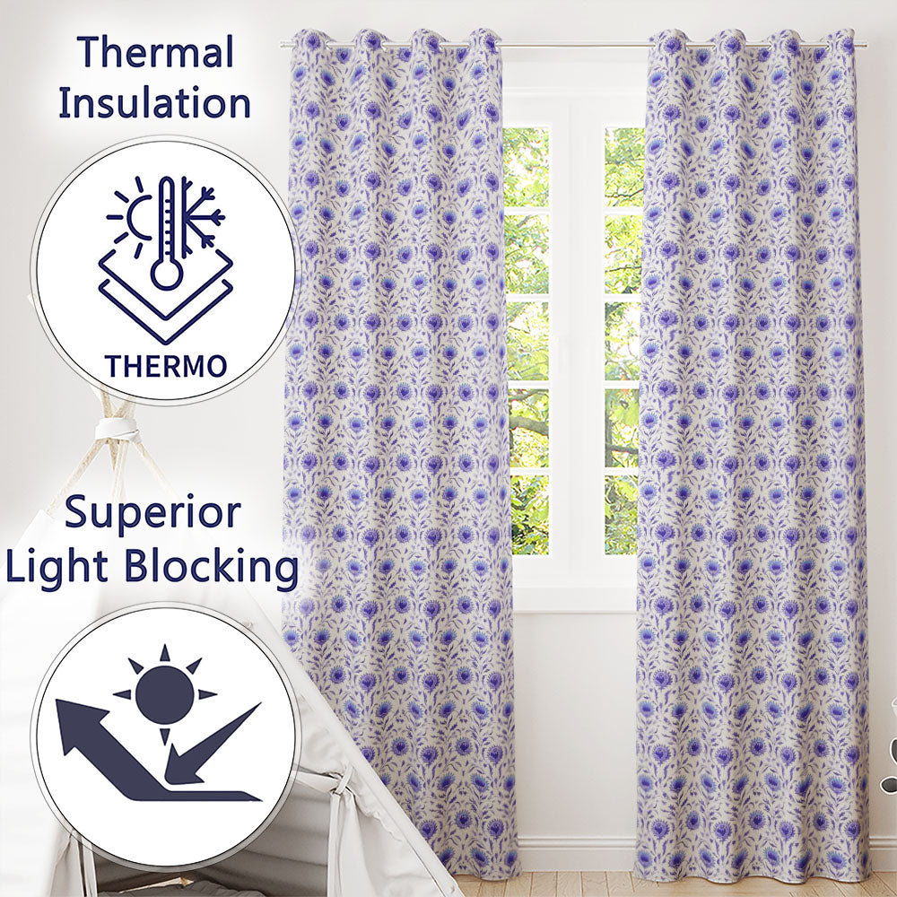 Artistic Lavender Floral with Muted Tones and Fine Detail Readymade Eyelet Ring Top Thermal 100% Blackout Curtains