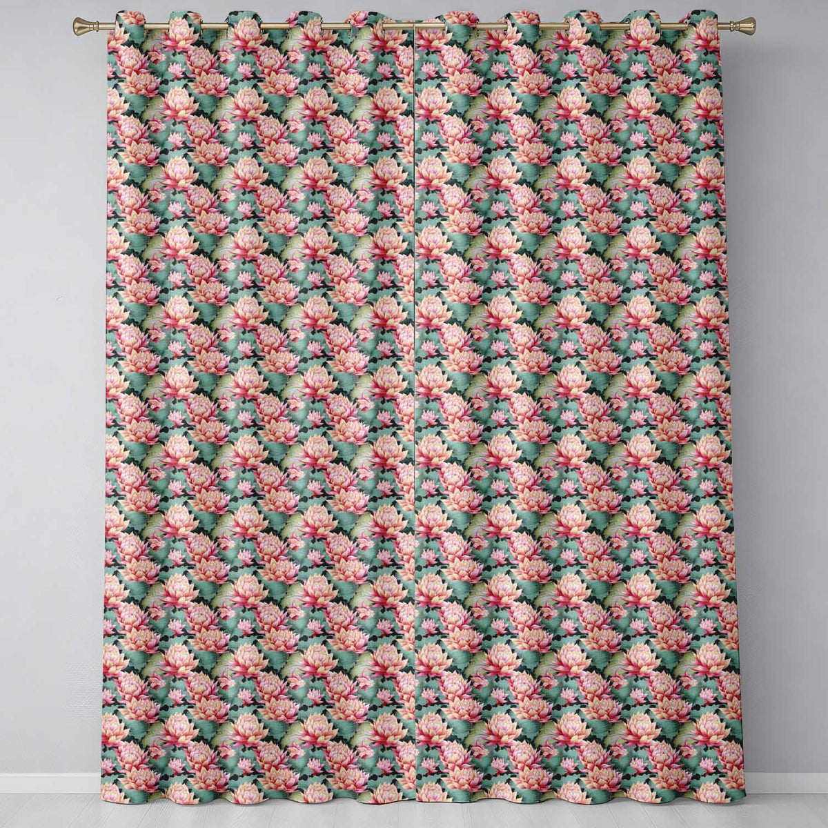Vibrant Pink Lotus Flowers on Dark Background Botanical Readymade Eyelet Ring Top Thermal 100% Blackout Curtains