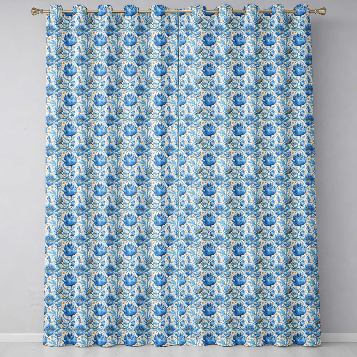 Detailed Blue Floral with Ornamental Botanical Motifs Readymade Eyelet Ring Top Thermal 100% Blackout Curtains