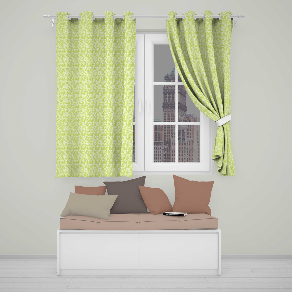 Elegant Green Damask Floral Vintage Seamless Readymade Eyelet Ring Top Thermal 100% Blackout Curtains
