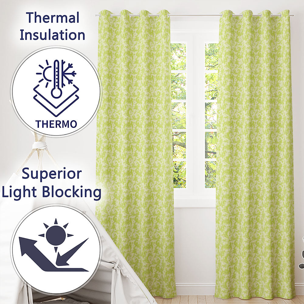 Elegant Green Damask Floral Vintage Seamless Readymade Eyelet Ring Top Thermal 100% Blackout Curtains