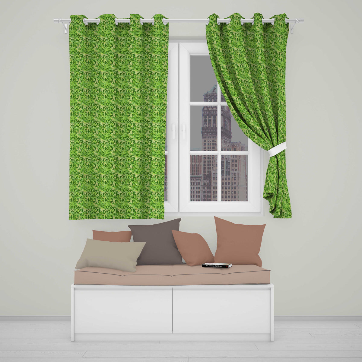 Deep Green Baroque Ornamental Scroll Seamless Readymade Eyelet Ring Top Thermal 100% Blackout Curtains