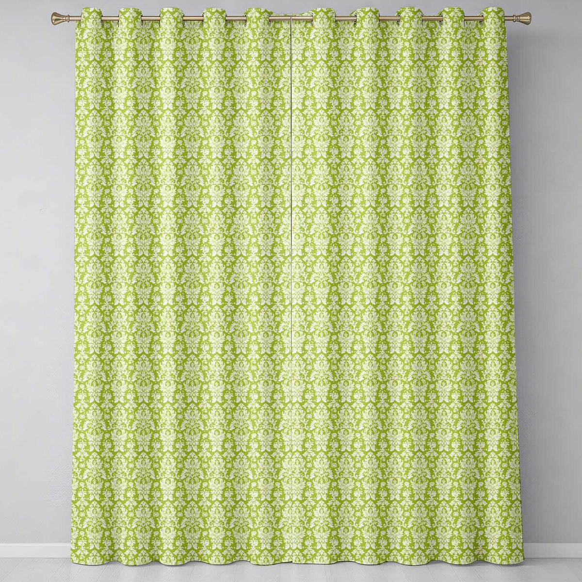 Green and White Traditional Damask Seamless Readymade Eyelet Ring Top Thermal 100% Blackout Curtains