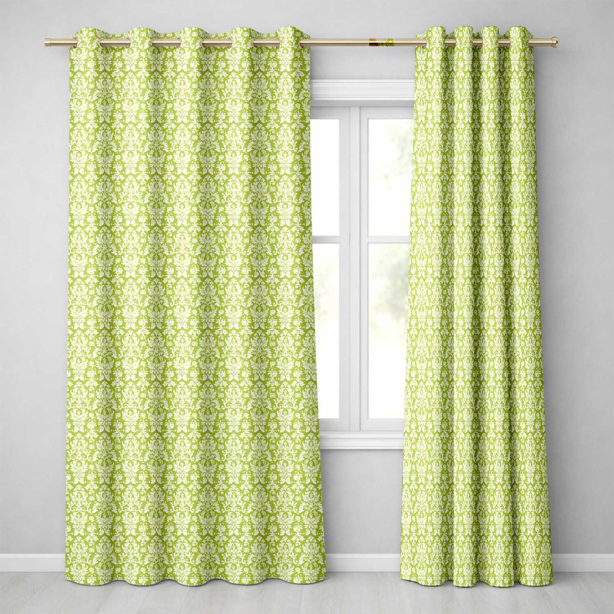 Green and White Traditional Damask Seamless Readymade Eyelet Ring Top Thermal 100% Blackout Curtains