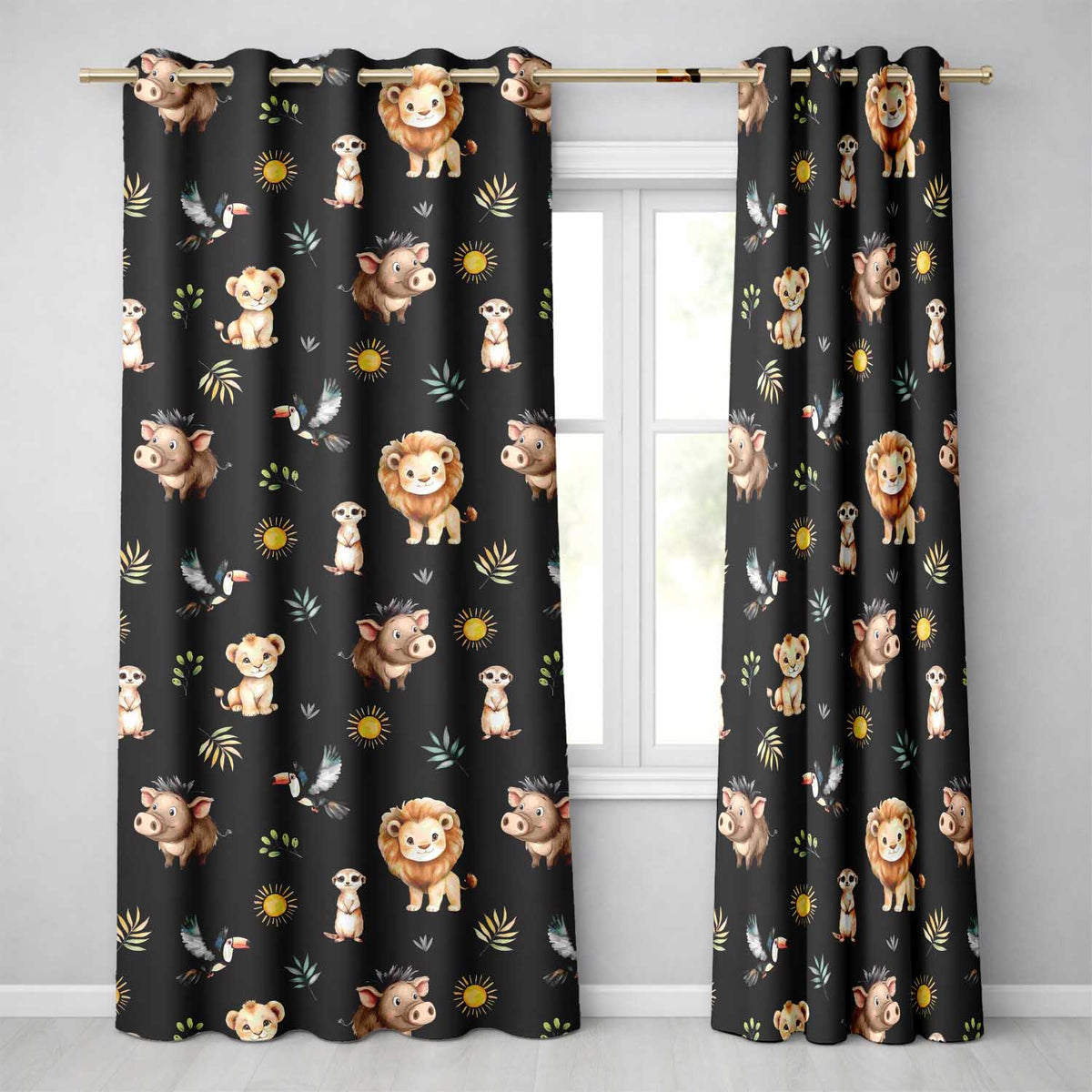 Safari Animals Lion Meerkat Toucan Black Seamless Readymade Eyelet Ring Top Thermal 100% Blackout Curtains