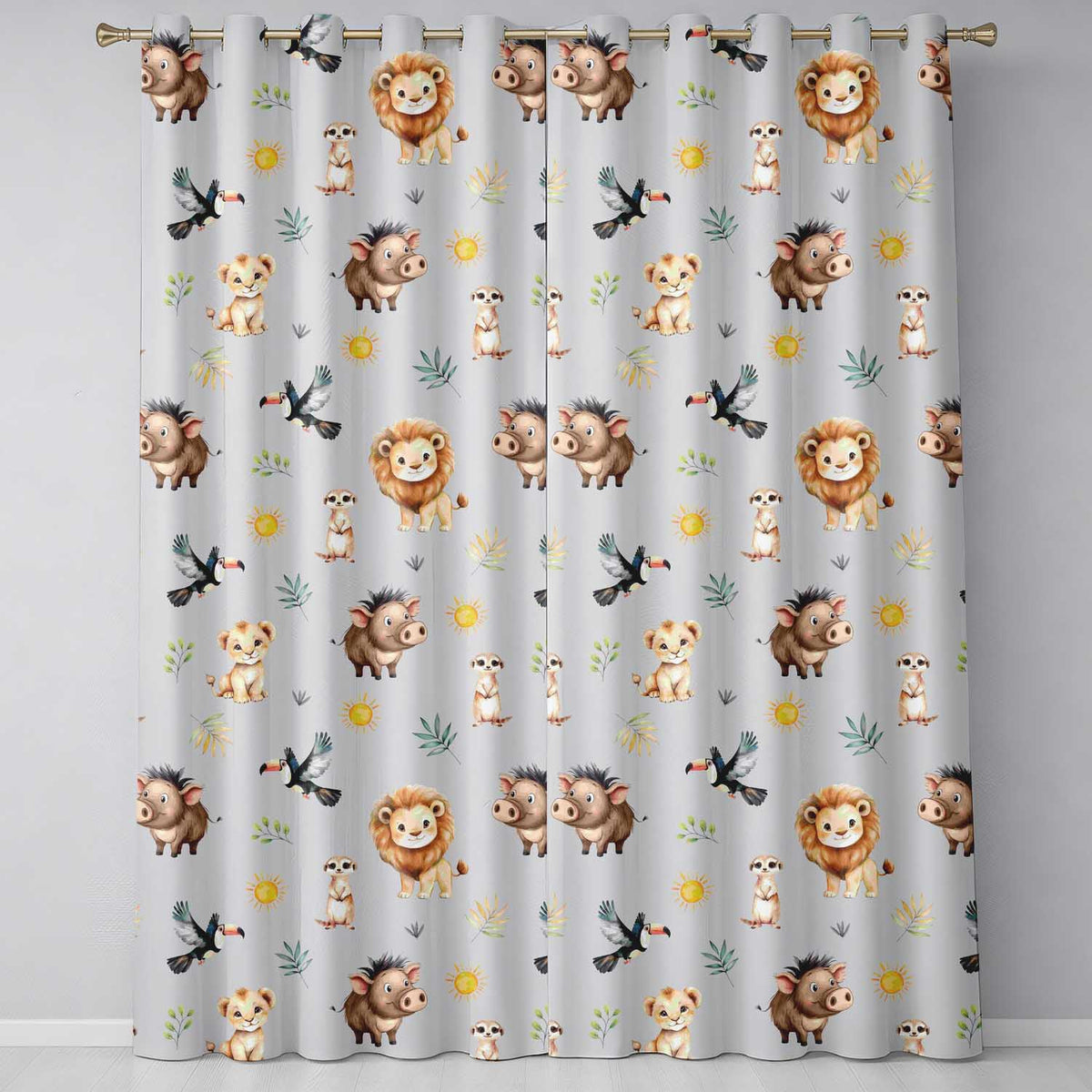 Safari Animals Lion Meerkat Toucan and Warthog with Sun and Leaves on Grey Readymade Eyelet Ring Top Thermal 100% Blackout Curtains