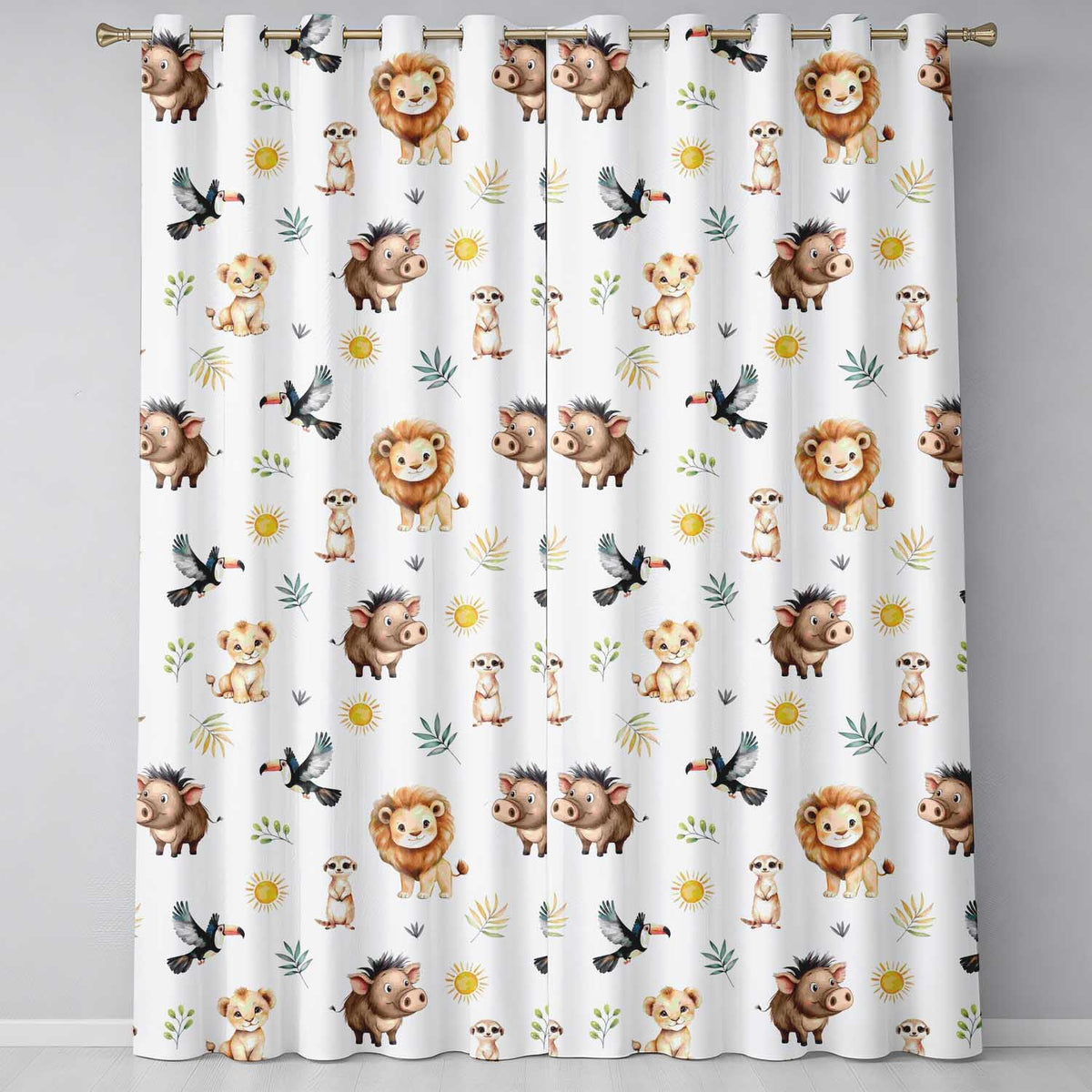 Safari Animals Lion Meerkat Warthog with Sun and Leaves on Grey Readymade Eyelet Ring Top Thermal 100% Blackout Curtains
