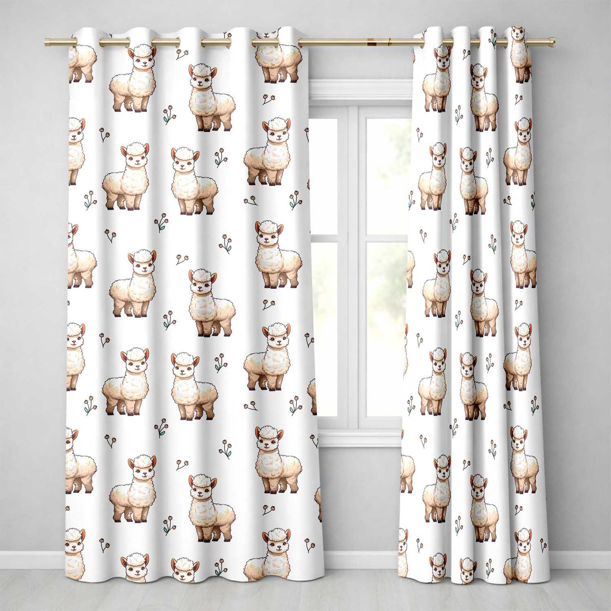 Alpaca Llama with Floral Sprigs on Cream Background Readymade Eyelet Ring Top Thermal 100% Blackout Curtains