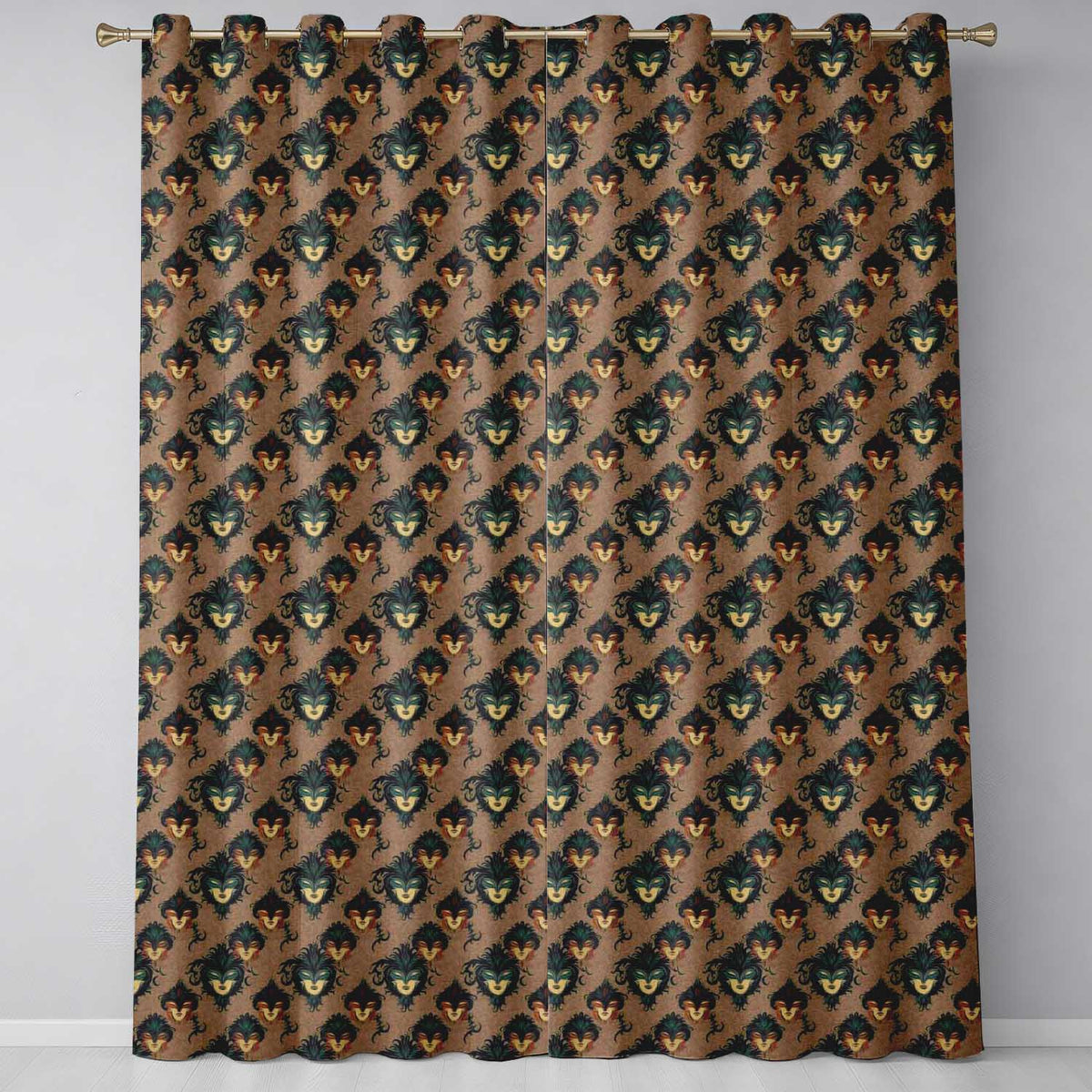 Luxurious Venetian Masquerade Mask with Gold and Jewel Tones on Black Readymade Eyelet Ring Top Thermal 100% Blackout Curtains