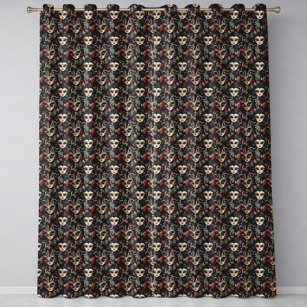 Luxurious Black Gold and Red Venetian Masks with Ornate Swirls Seamless Readymade Eyelet Ring Top Thermal 100% Blackout Curtains