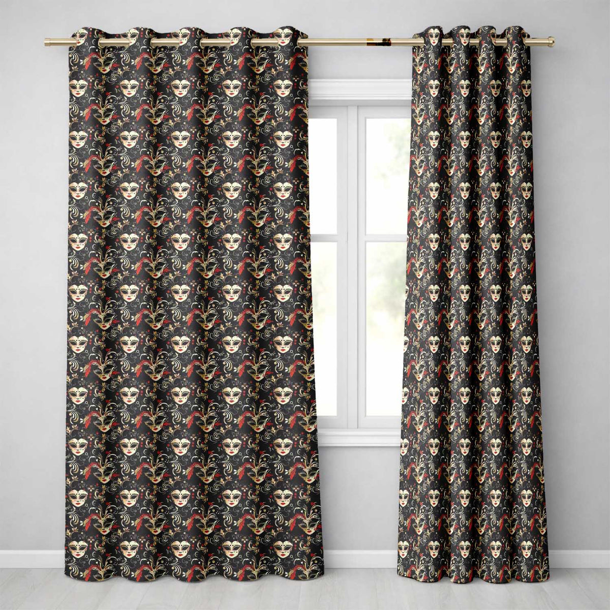 Luxurious Black Gold and Red Venetian Masks with Ornate Swirls Seamless Readymade Eyelet Ring Top Thermal 100% Blackout Curtains