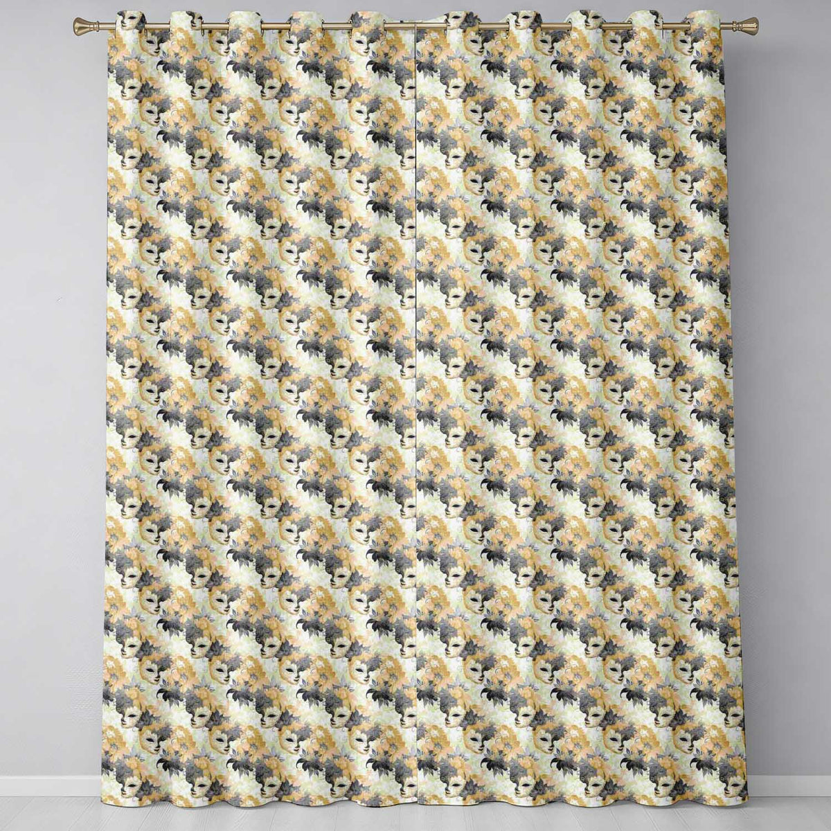 Soft Blue and Gold Floral Mask Design with Elegant Details Seamless Readymade Eyelet Ring Top Thermal 100% Blackout Curtains