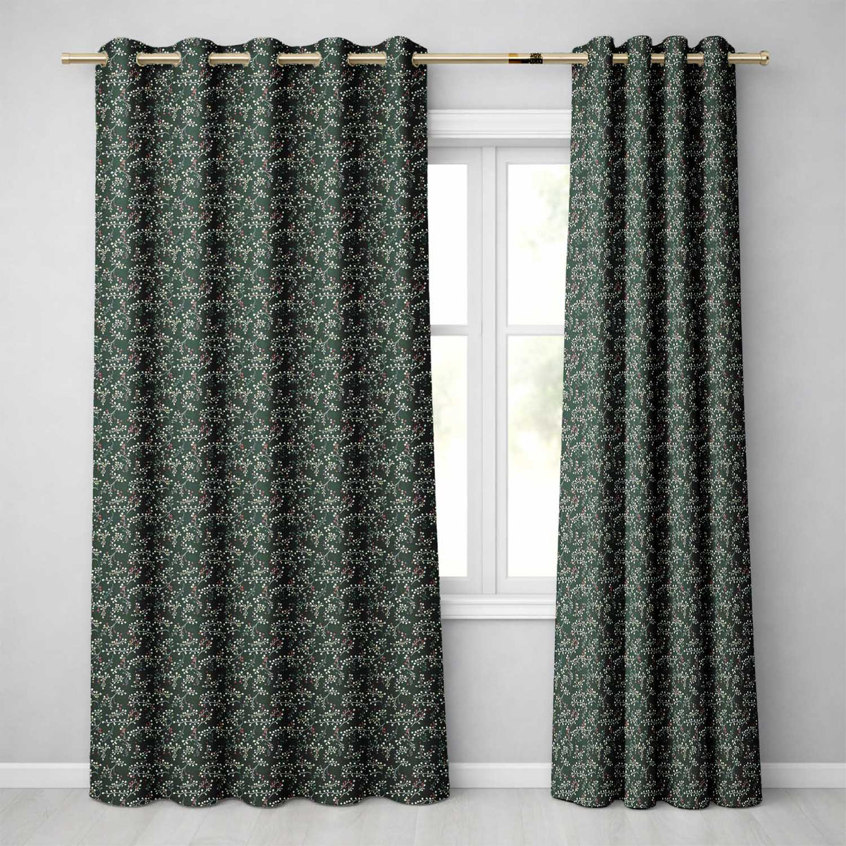 Festive Holly Berry Branches on Deep Green Background Seamless Pattern Readymade Eyelet Ring Top Thermal 100% Blackout Curtains