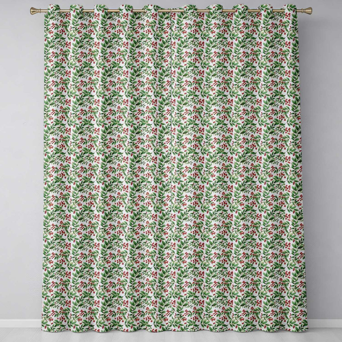 Delicate Green Leaves and Red Berries Minimal Botanical Seamless Pattern Readymade Eyelet Ring Top Thermal 100% Blackout Curtains