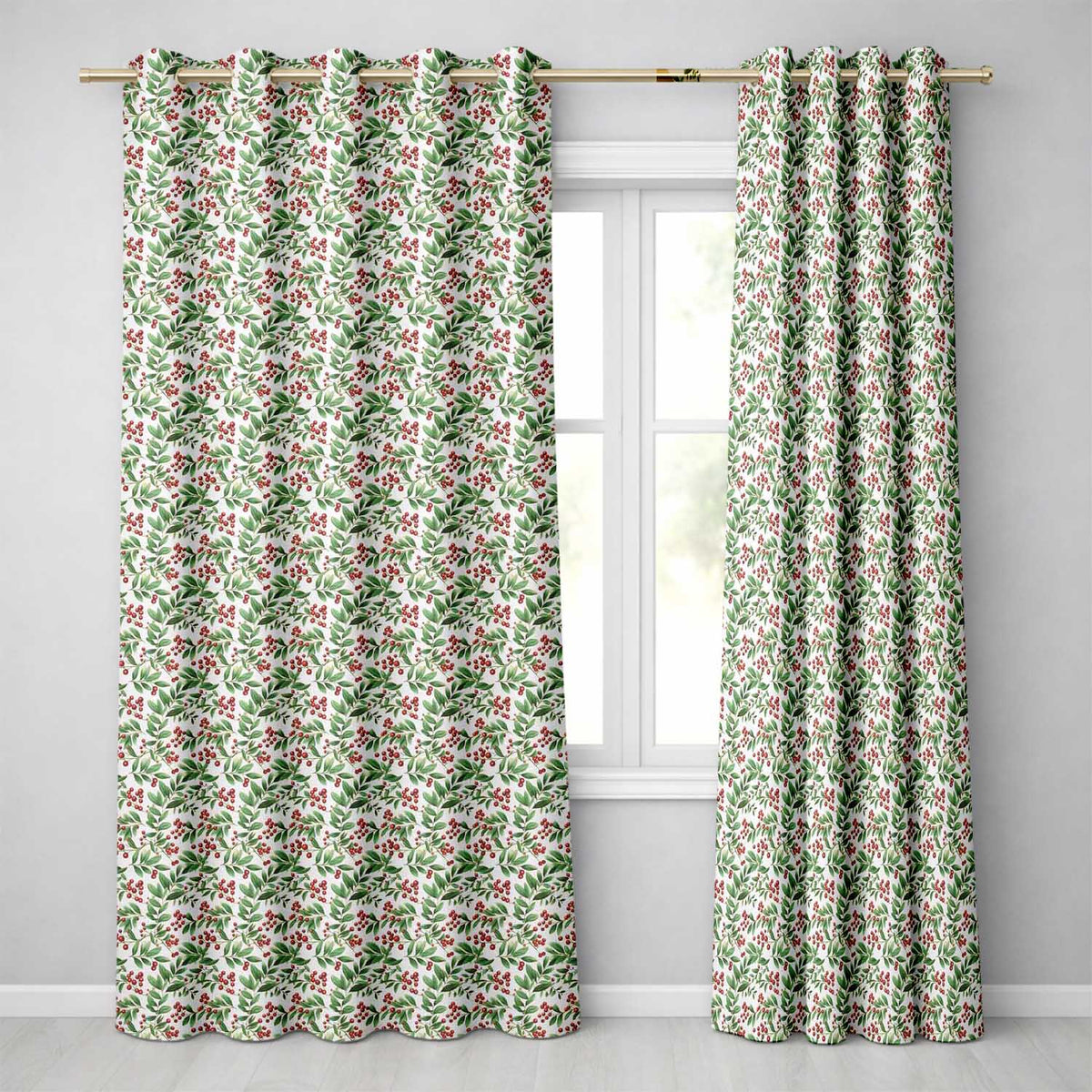 Delicate Green Leaves and Red Berries Minimal Botanical Seamless Pattern Readymade Eyelet Ring Top Thermal 100% Blackout Curtains