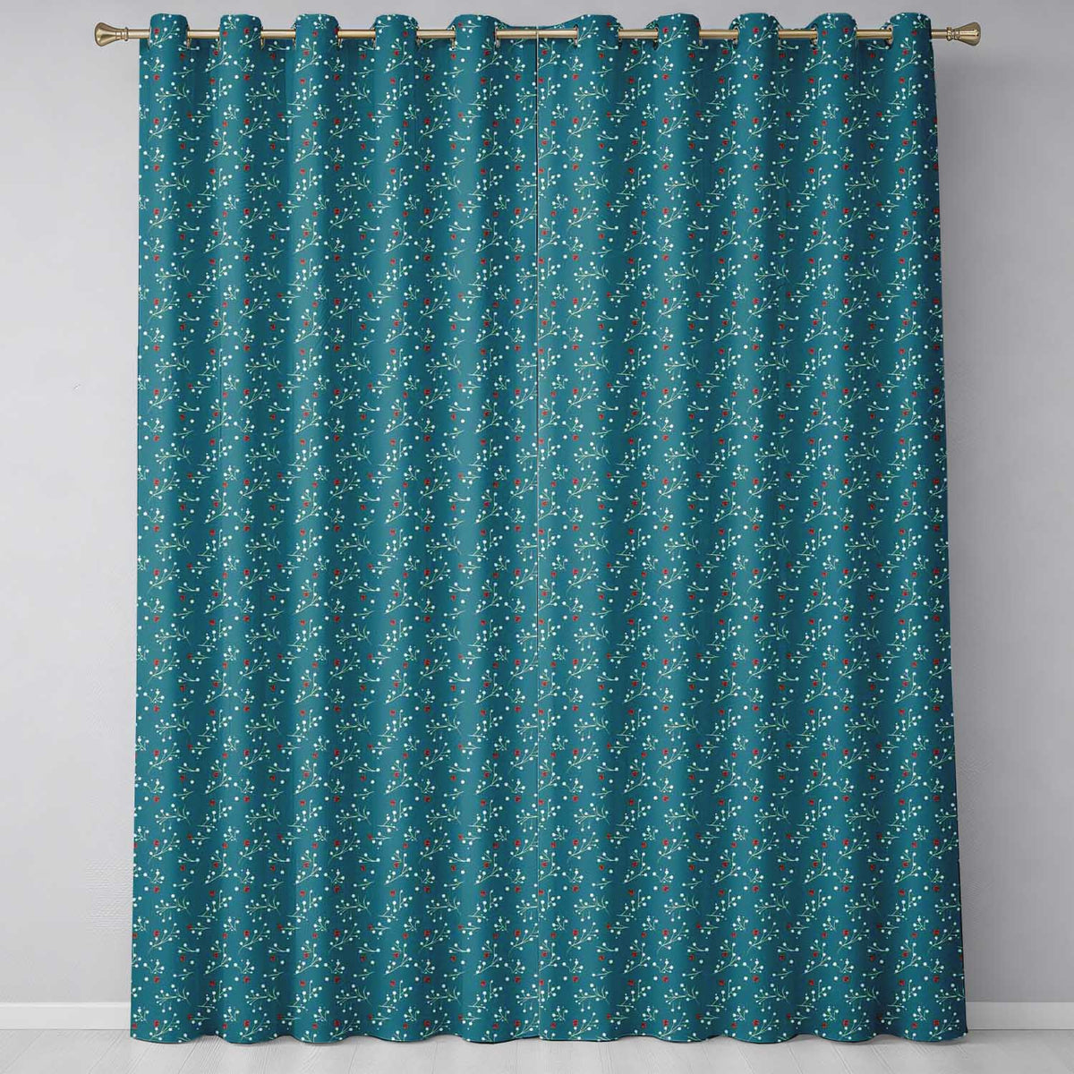 Modern Teal Background Red and White Berry Branch Pattern Readymade Eyelet Ring Top Thermal 100% Blackout Curtains