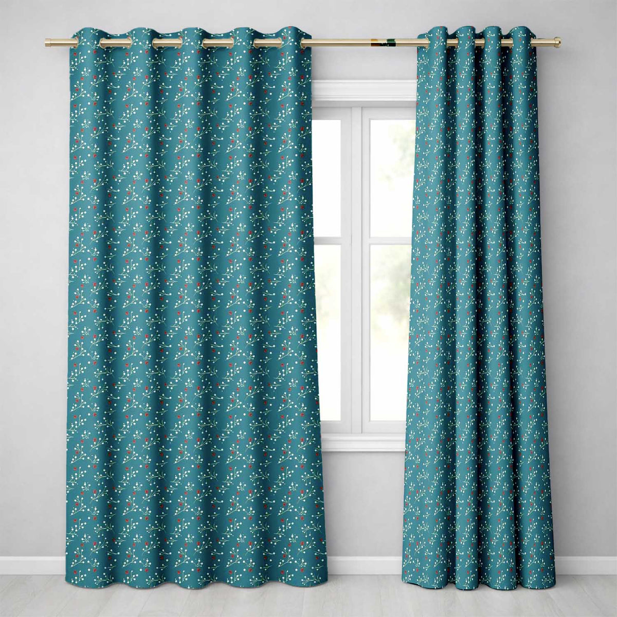 Modern Teal Background Red and White Berry Branch Pattern Readymade Eyelet Ring Top Thermal 100% Blackout Curtains