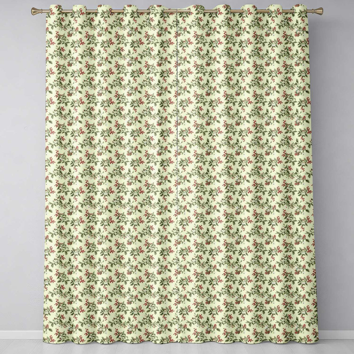 Botanical Beige Background Red Berry and Green Leaf Pattern Readymade Eyelet Ring Top Thermal 100% Blackout Curtains