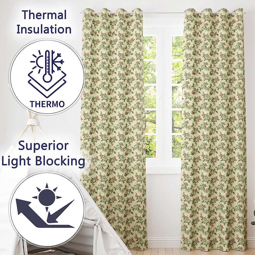 Botanical Beige Background Red Berry and Green Leaf Pattern Readymade Eyelet Ring Top Thermal 100% Blackout Curtains