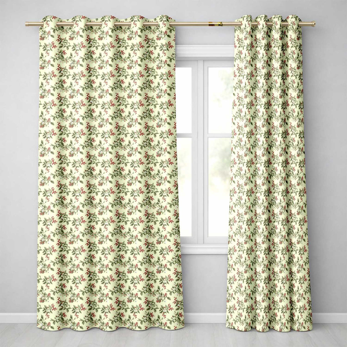 Botanical Beige Background Red Berry and Green Leaf Pattern Readymade Eyelet Ring Top Thermal 100% Blackout Curtains