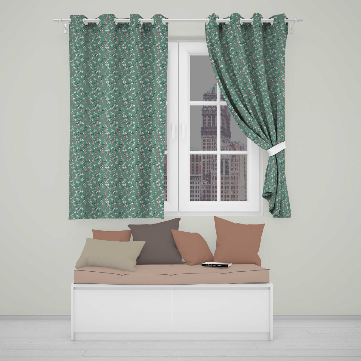Festive Green Background Red and White Berry Branches Pattern Readymade Eyelet Ring Top Thermal 100% Blackout Curtains