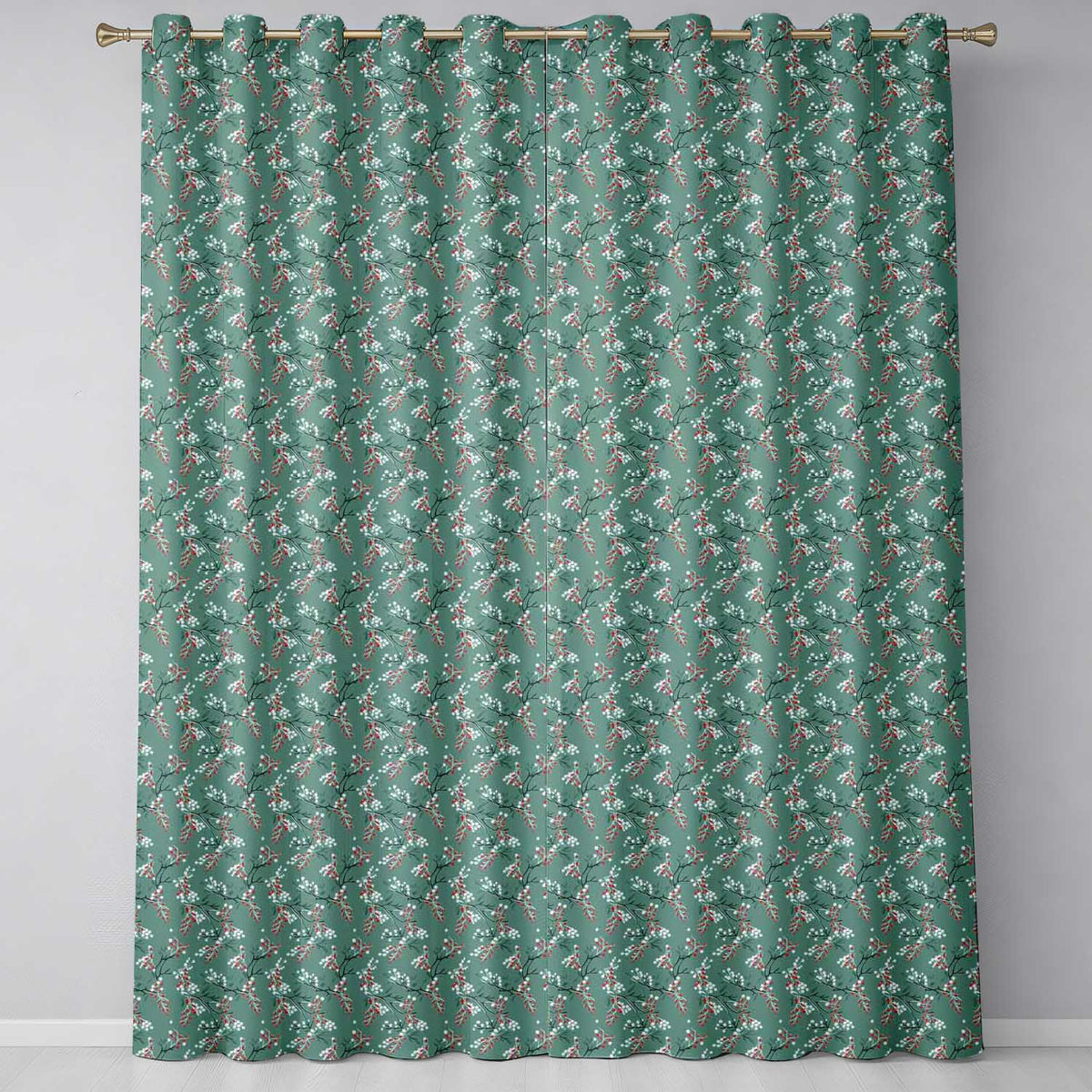 Festive Green Background Red and White Berry Branches Pattern Readymade Eyelet Ring Top Thermal 100% Blackout Curtains