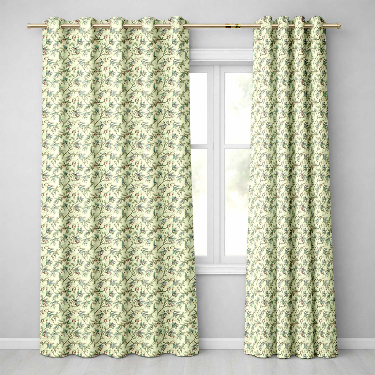 Vintage Botanical Branches with Red Berries Neutral Background Pattern Readymade Eyelet Ring Top Thermal 100% Blackout Curtains