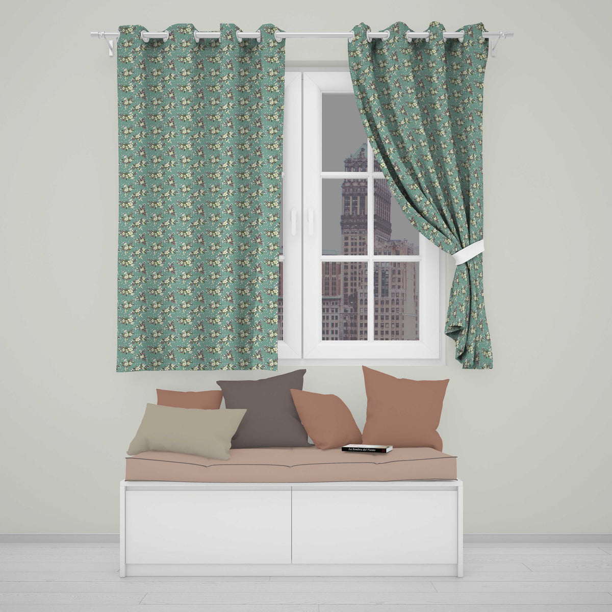 Soft Blue Floral and Berry Sprigs Seamless Pattern with Polka Dots Readymade Eyelet Ring Top Thermal 100% Blackout Curtains