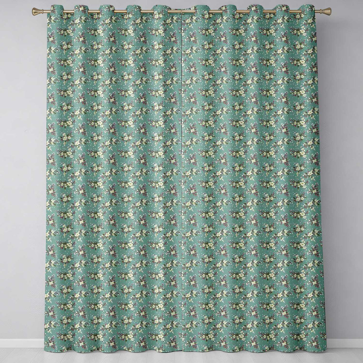 Soft Blue Floral and Berry Sprigs Seamless Pattern with Polka Dots Readymade Eyelet Ring Top Thermal 100% Blackout Curtains
