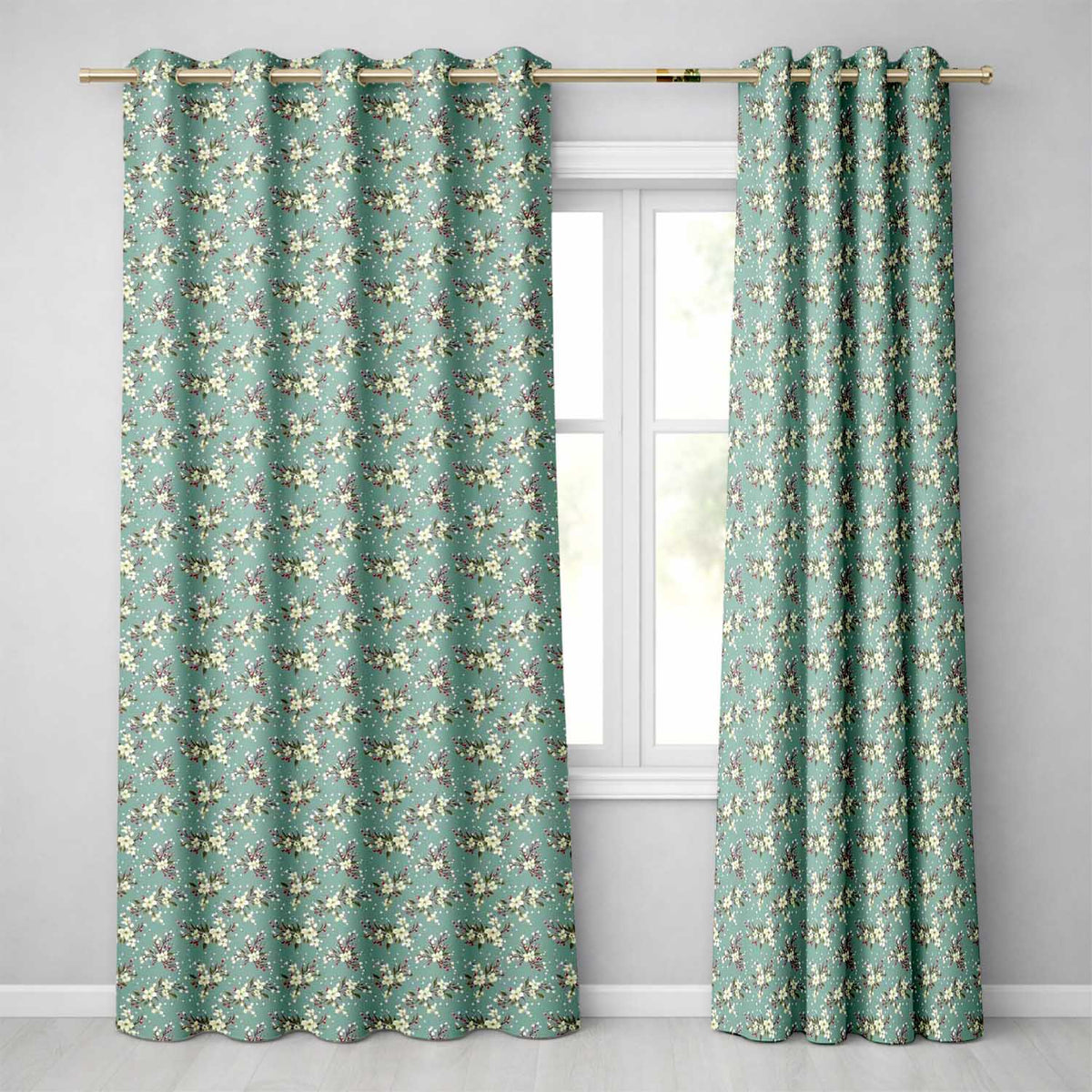 Soft Blue Floral and Berry Sprigs Seamless Pattern with Polka Dots Readymade Eyelet Ring Top Thermal 100% Blackout Curtains