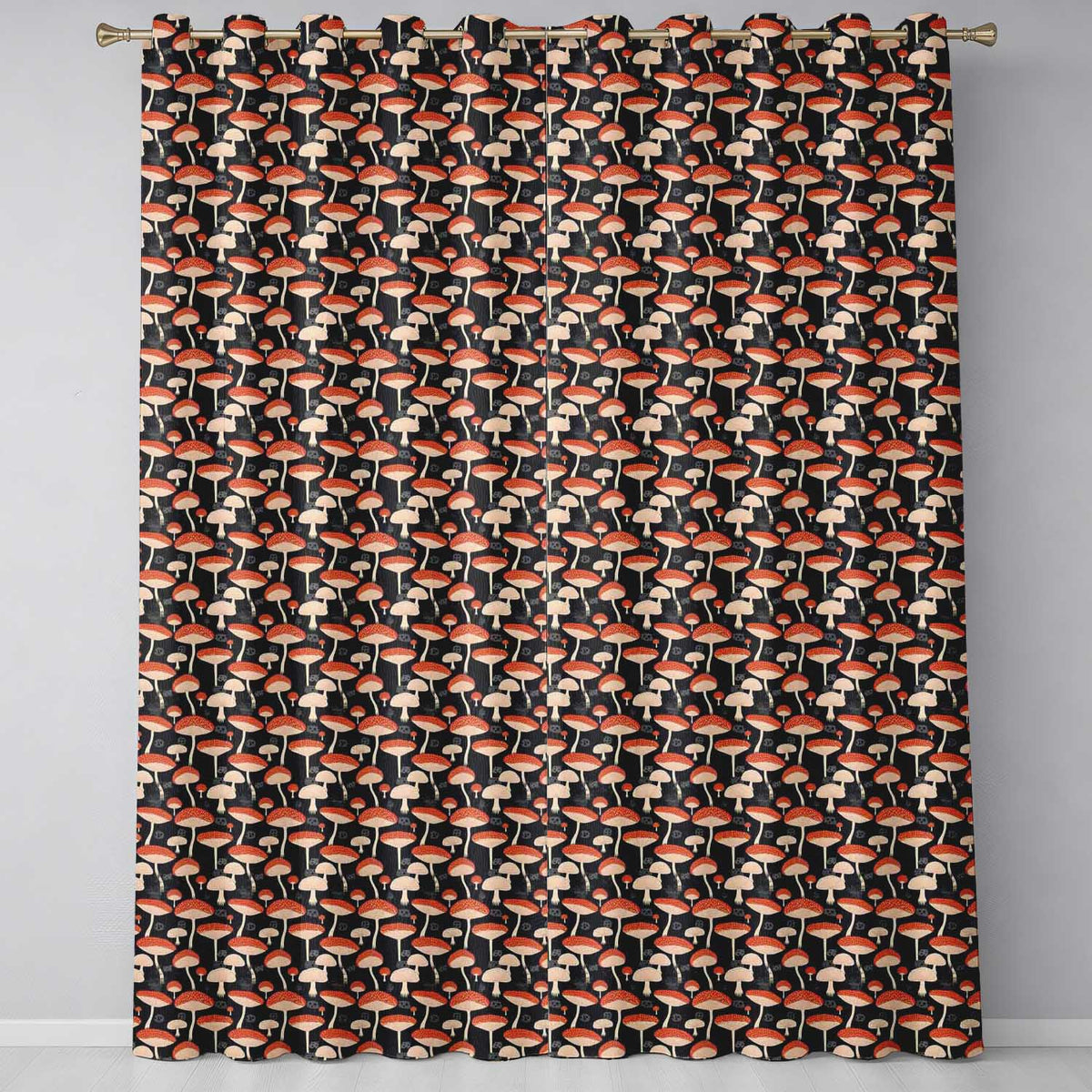 Woodland Mushroom Toadstool Seamless Pattern on Dark Background Readymade Eyelet Ring Top Thermal 100% Blackout Curtains
