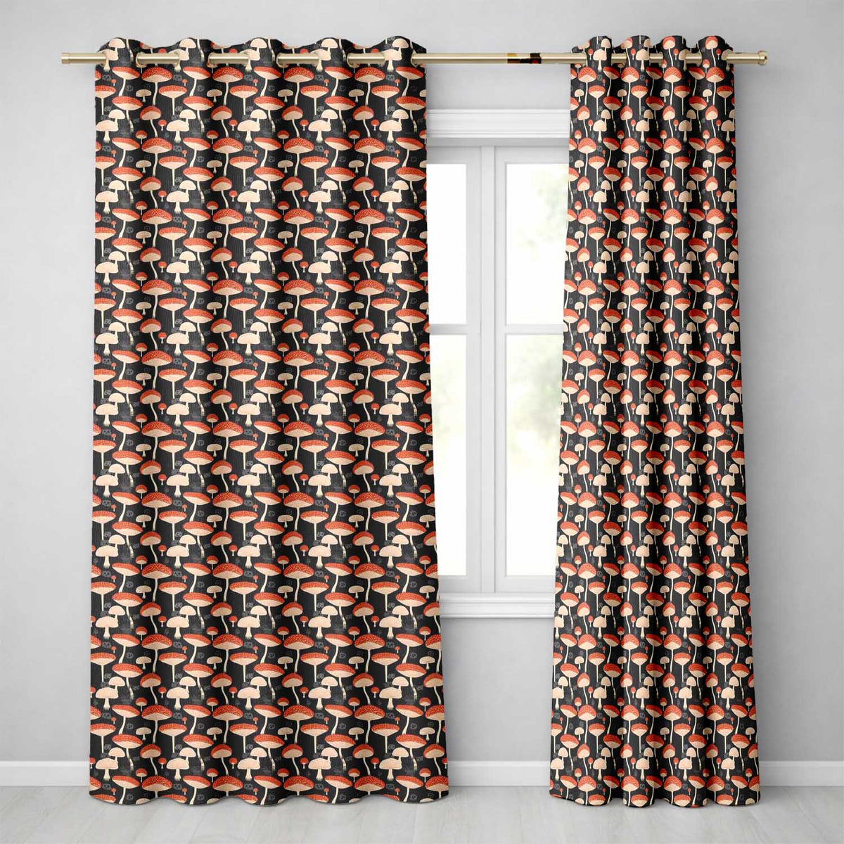 Woodland Mushroom Toadstool Seamless Pattern on Dark Background Readymade Eyelet Ring Top Thermal 100% Blackout Curtains