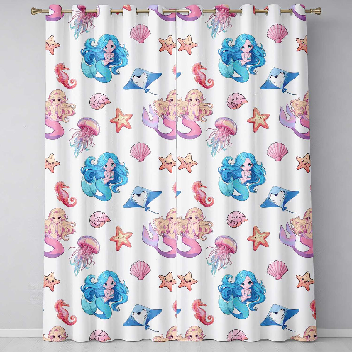 Cute Cartoon Mermaid and Sea Creatures Seamless Pattern Readymade Eyelet Ring Top Thermal 100% Blackout Curtains