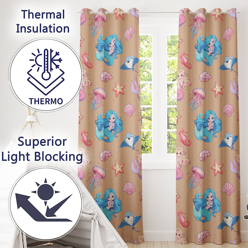 Cute Kawaii Mermaid Ocean Friends Jellyfish Starfish Peach Background Readymade Eyelet Ring Top Thermal 100% Blackout Curtains