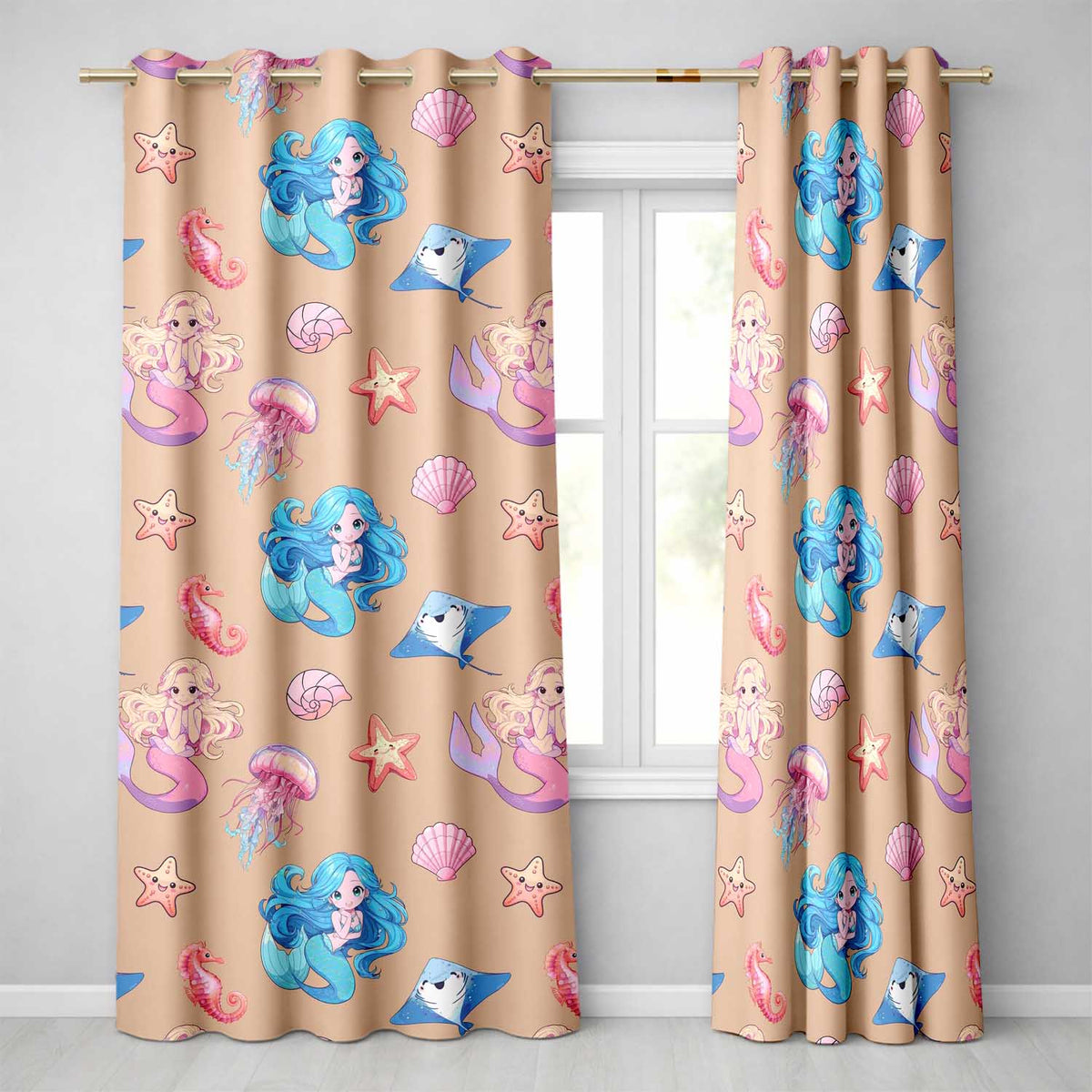 Cute Kawaii Mermaid Ocean Friends Jellyfish Starfish Peach Background Readymade Eyelet Ring Top Thermal 100% Blackout Curtains