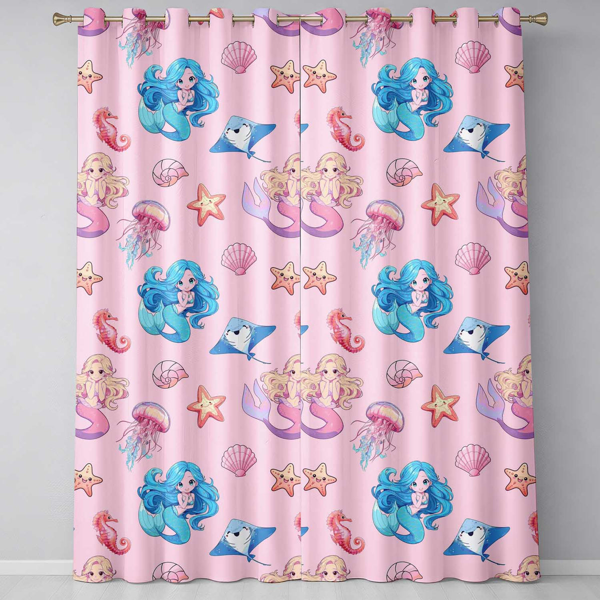 Mermaid Ocean Friends Jellyfish Starfish Blush Pink Background Readymade Eyelet Ring Top Thermal 100% Blackout Curtains