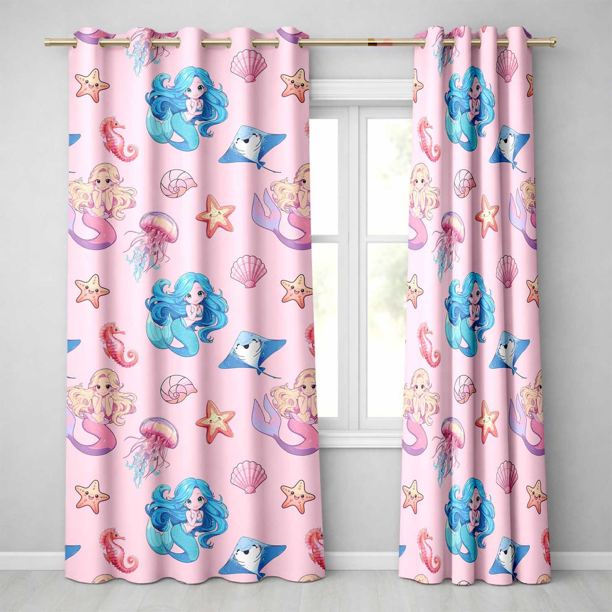 Mermaid Ocean Friends Jellyfish Starfish Blush Pink Background Readymade Eyelet Ring Top Thermal 100% Blackout Curtains