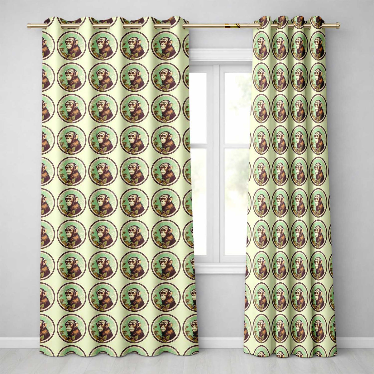 Vintage Monkey Portrait Circular FrameNeutral Background Design Readymade Eyelet Ring Top Thermal 100% Blackout Curtains