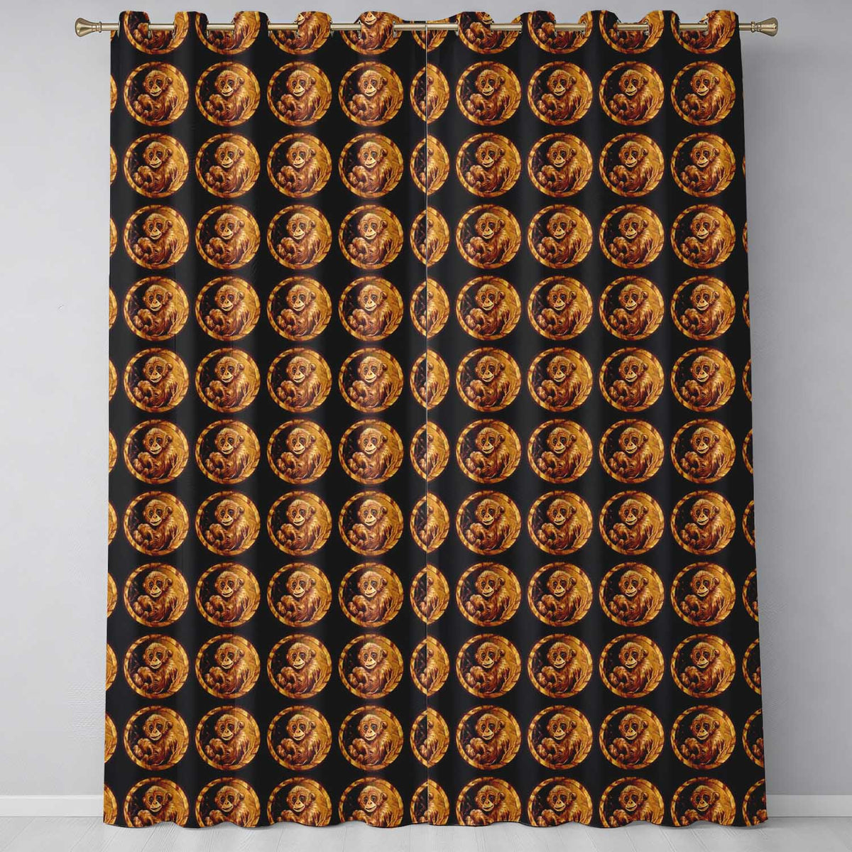 Gold Monkey Medallion Pattern Black Background Luxury Seamless Design Readymade Eyelet Ring Top Thermal 100% Blackout Curtains