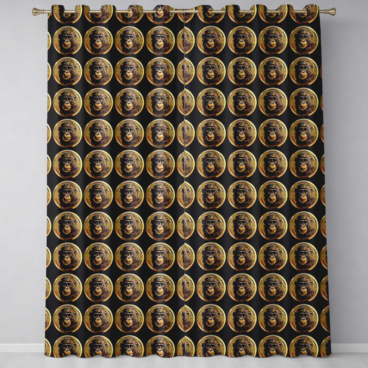 Detailed Gold Monkey Coin Pattern Dark Background Ornate Seamless Design Readymade Eyelet Ring Top Thermal 100% Blackout Curtains