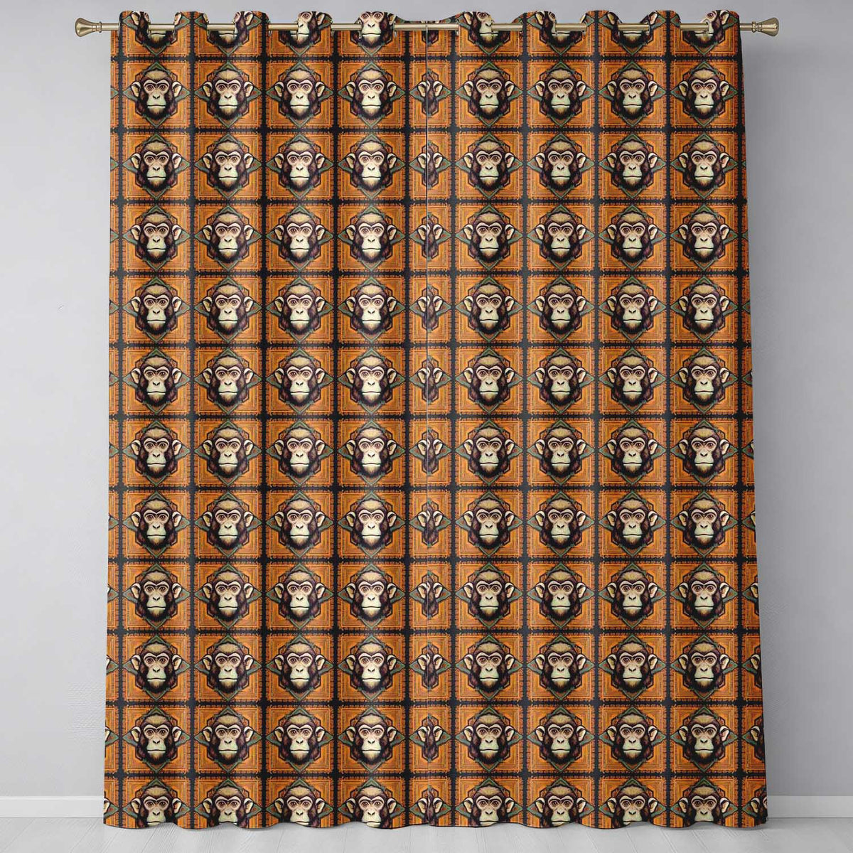 Geometric Tribal Monkey Head Pattern in Mustard and Teal Square Frames Readymade Eyelet Ring Top Thermal 100% Blackout Curtains