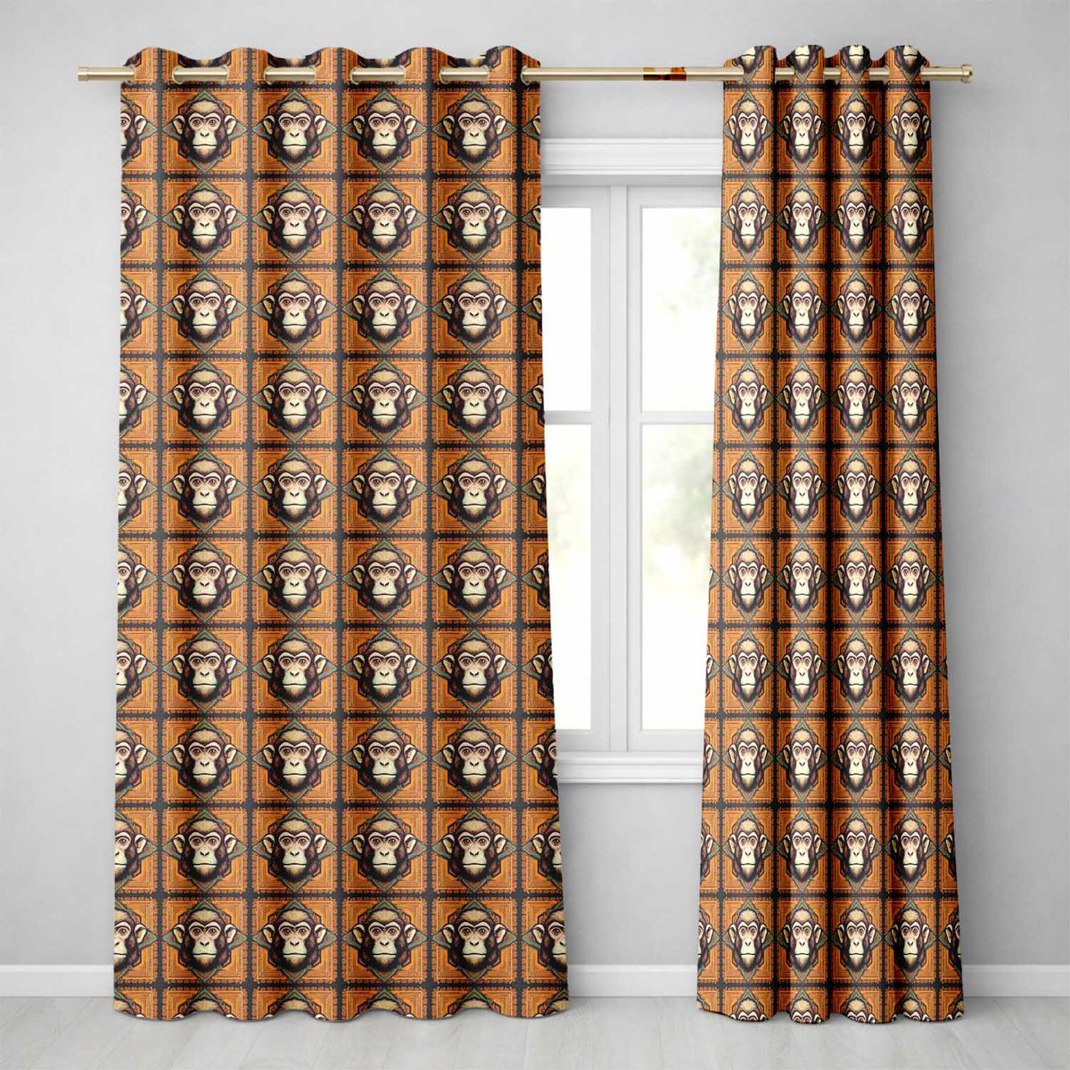 Geometric Tribal Monkey Head Pattern in Mustard and Teal Square Frames Readymade Eyelet Ring Top Thermal 100% Blackout Curtains