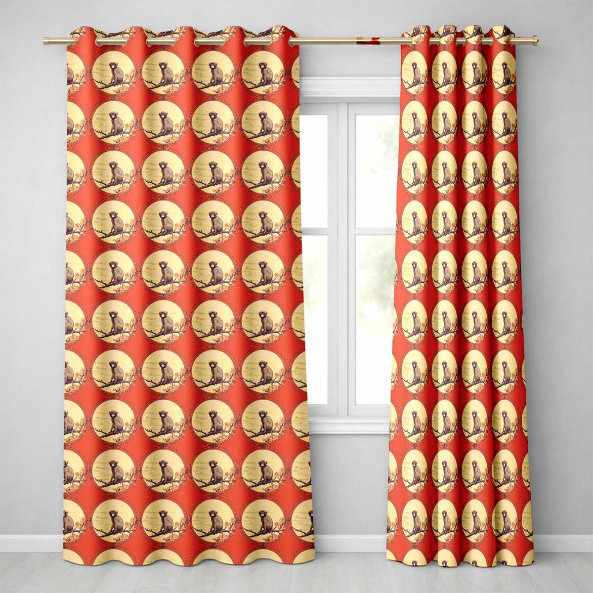 Minimalist Monkey on Branch Circular Frame Pattern in Warm Red Tones Readymade Eyelet Ring Top Thermal 100% Blackout Curtains