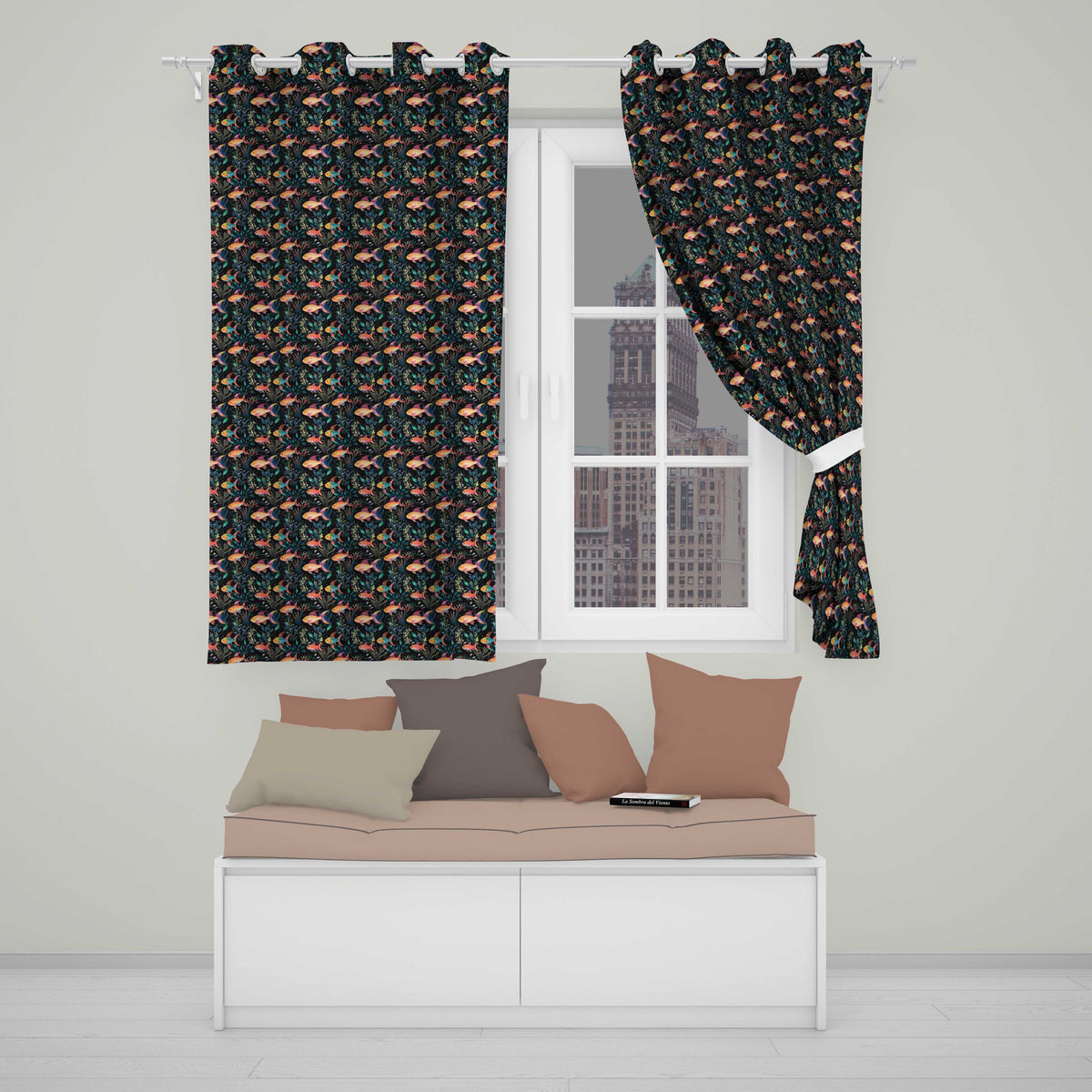 Vibrant Coral Reef Fish Pattern with Detailed Marine Plants on Navy Readymade Eyelet Ring Top Thermal 100% Blackout Curtains