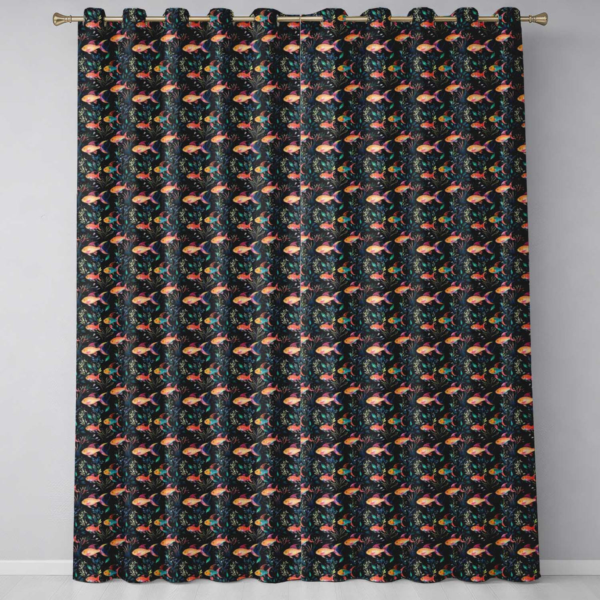 Vibrant Coral Reef Fish Pattern with Detailed Marine Plants on Navy Readymade Eyelet Ring Top Thermal 100% Blackout Curtains