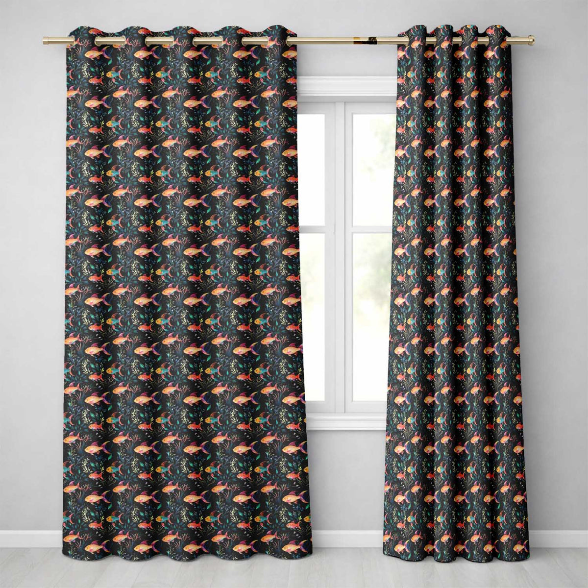 Vibrant Coral Reef Fish Pattern with Detailed Marine Plants on Navy Readymade Eyelet Ring Top Thermal 100% Blackout Curtains