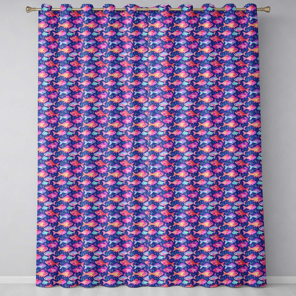 Whimsical Coral and Mint Fish with Seaweed Pattern on Deep Navy Background Readymade Eyelet Ring Top Thermal 100% Blackout Curtains