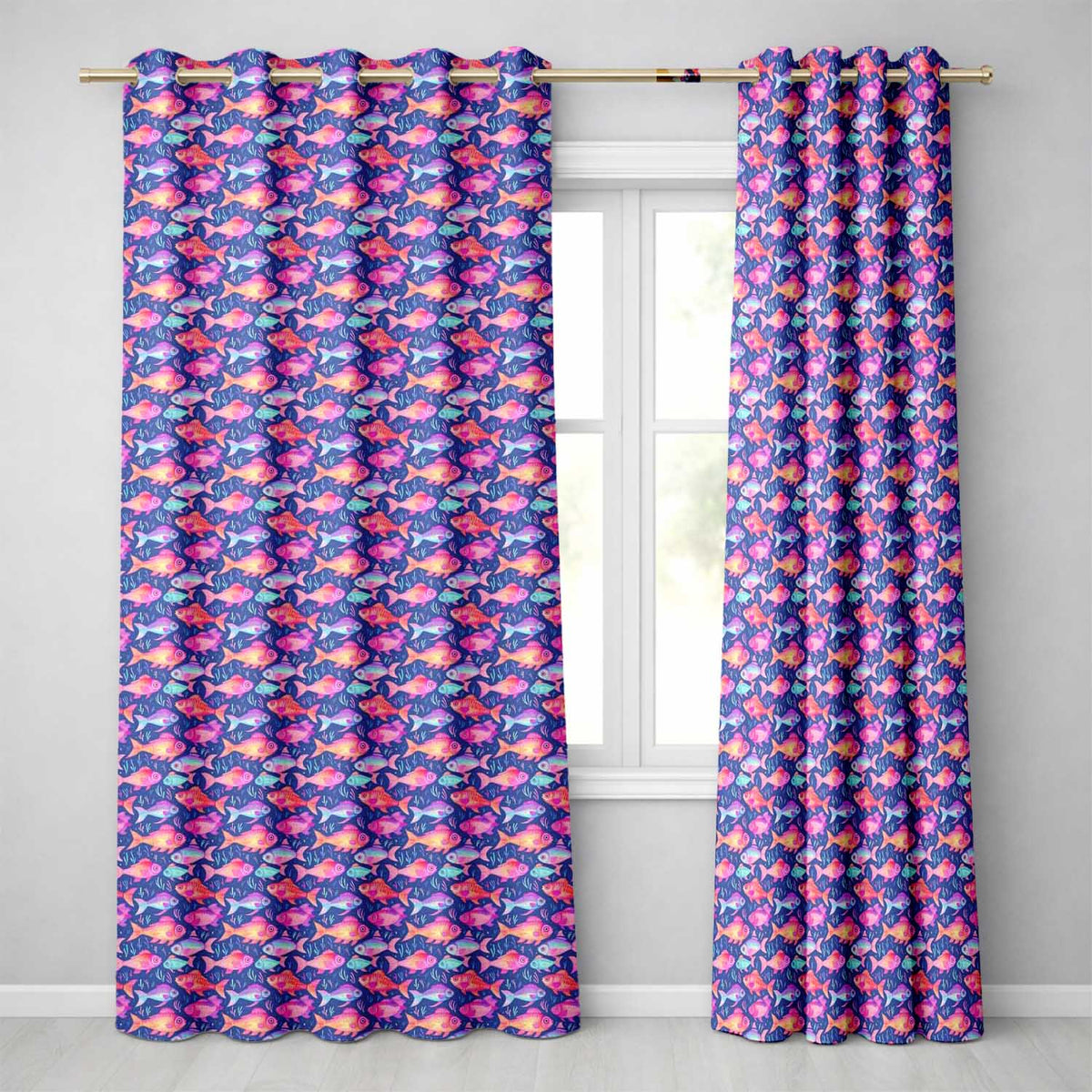 Whimsical Coral and Mint Fish with Seaweed Pattern on Deep Navy Background Readymade Eyelet Ring Top Thermal 100% Blackout Curtains