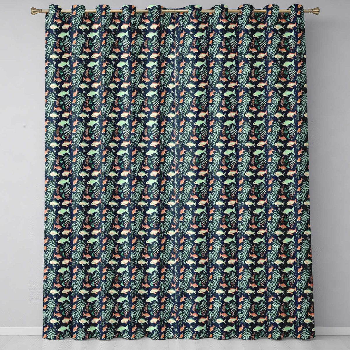 Cute Coral and Mint Fish with Seaweed Ocean Seamless Pattern Readymade Eyelet Ring Top Thermal 100% Blackout Curtains