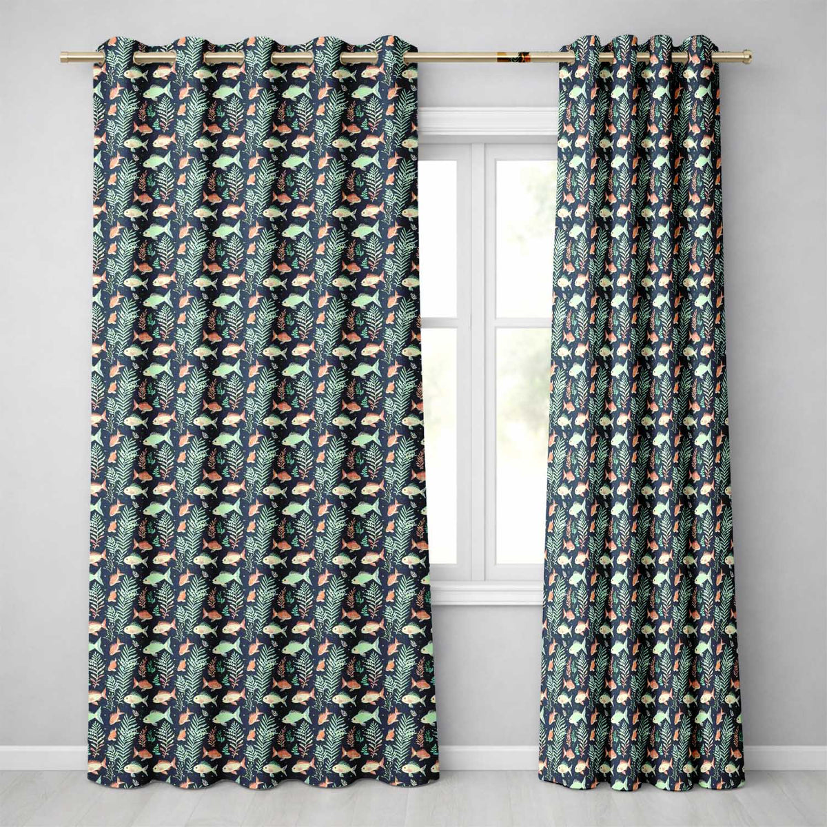 Cute Coral and Mint Fish with Seaweed Ocean Seamless Pattern Readymade Eyelet Ring Top Thermal 100% Blackout Curtains
